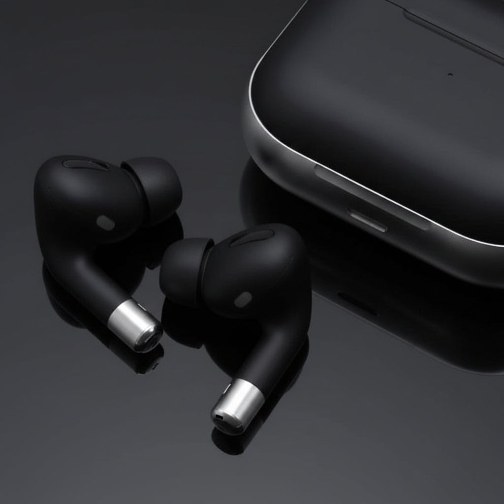 Close-up of black wireless earbuds showing ergonomic in-ear design