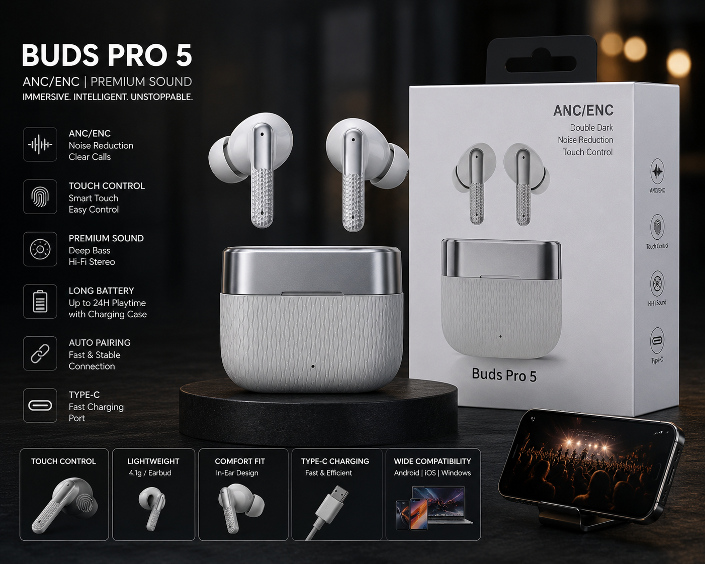 Buds Pro 5 ANC/ENC Wireless Earbuds | Bluetooth 5.3 | Hi-Fi Stereo Sound | Touch Control | Type-C Charging