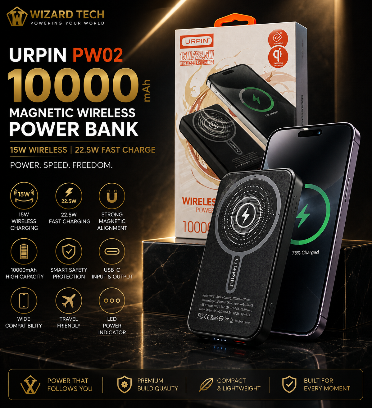  Premium URPIN PW02 portable wireless charging power bank with USB-C fast charging