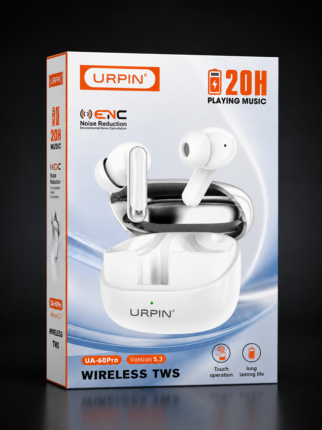Premium white URPIN UA-60Pro true wireless earbuds featuring ENC and smart touch controls