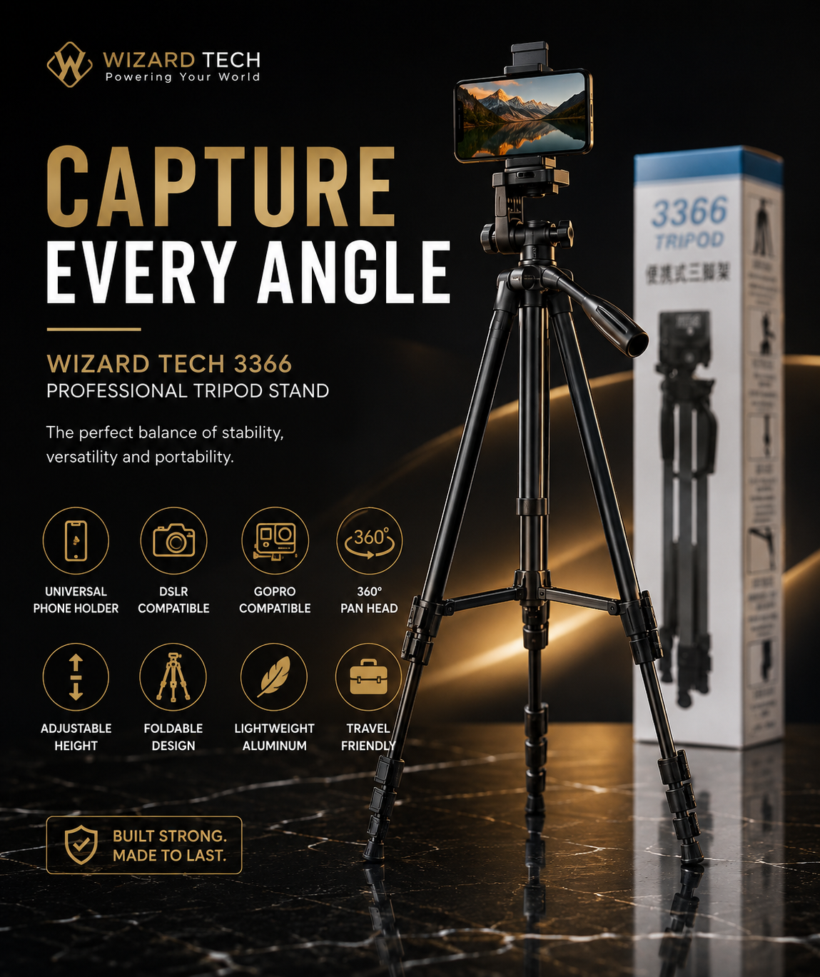 Alt Text 4: Wizard Tech camera and mobile tripod stand with foldable design for photography, videography, and live streaming