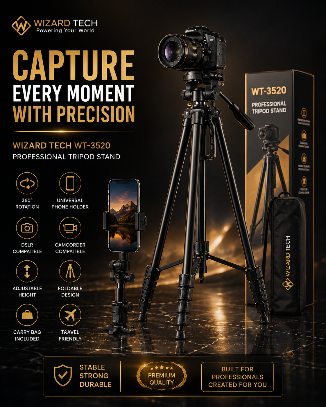 Alt Text 4: Wizard Tech 3520 camera tripod with adjustable height and foldable design for travel, live streaming, and content creation