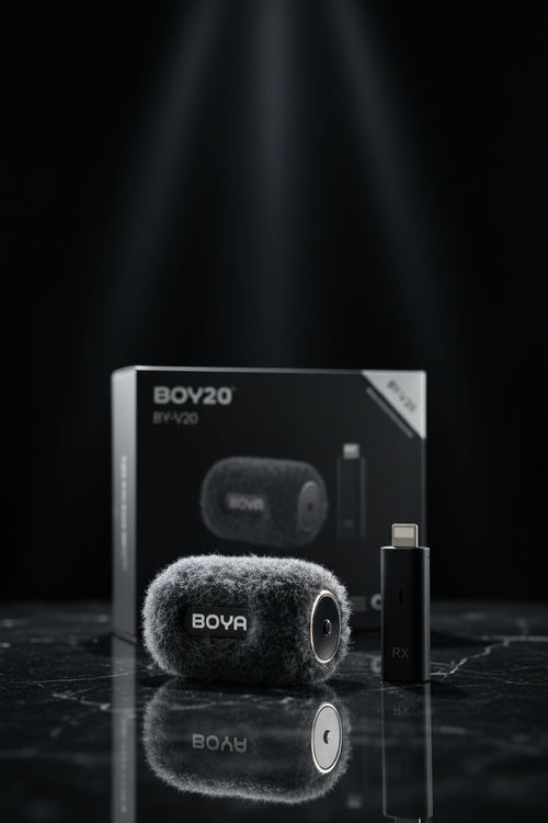 Alt Text 3: Professional BOYA BY-V20 clip-on wireless microphone with windscreen for iPhone video recording