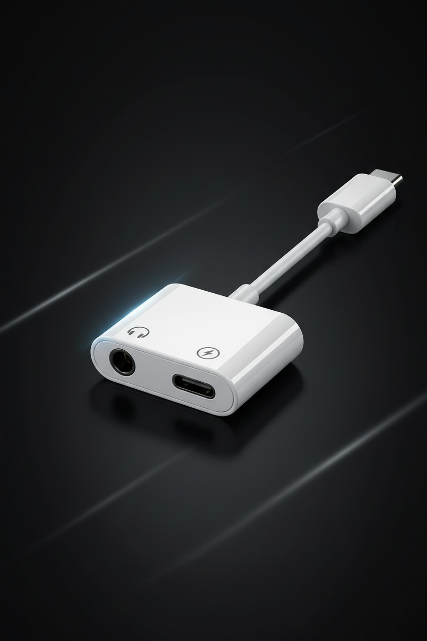 Premium USB-C to 3.5mm audio adapter with fast charging support for Android phones and Type-C devices.