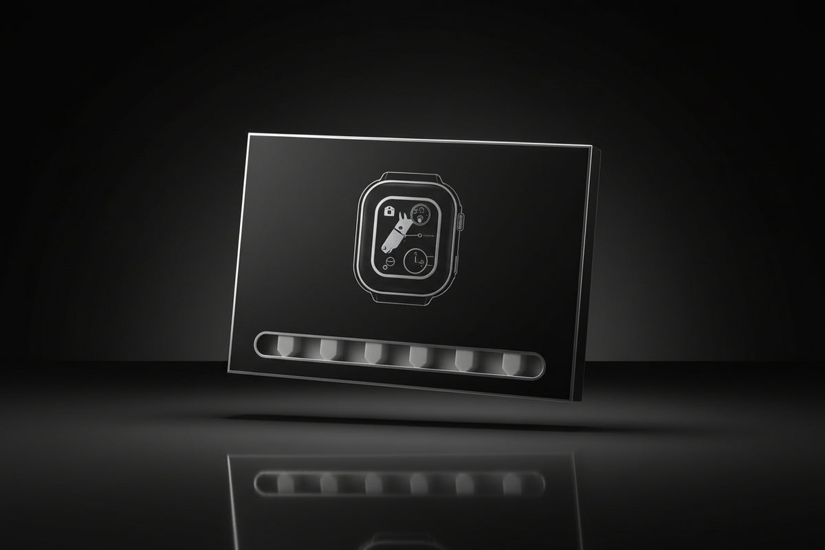 Wizard Tech smartwatch display showing fitness tracker and compass icons